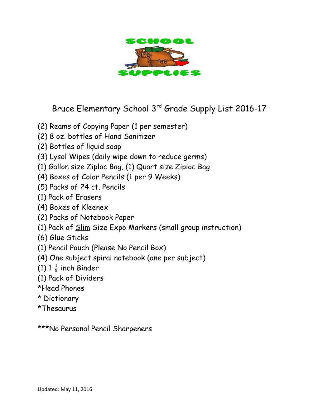 Bruce Elementary School 3Rd Grade Supply List 2016-17