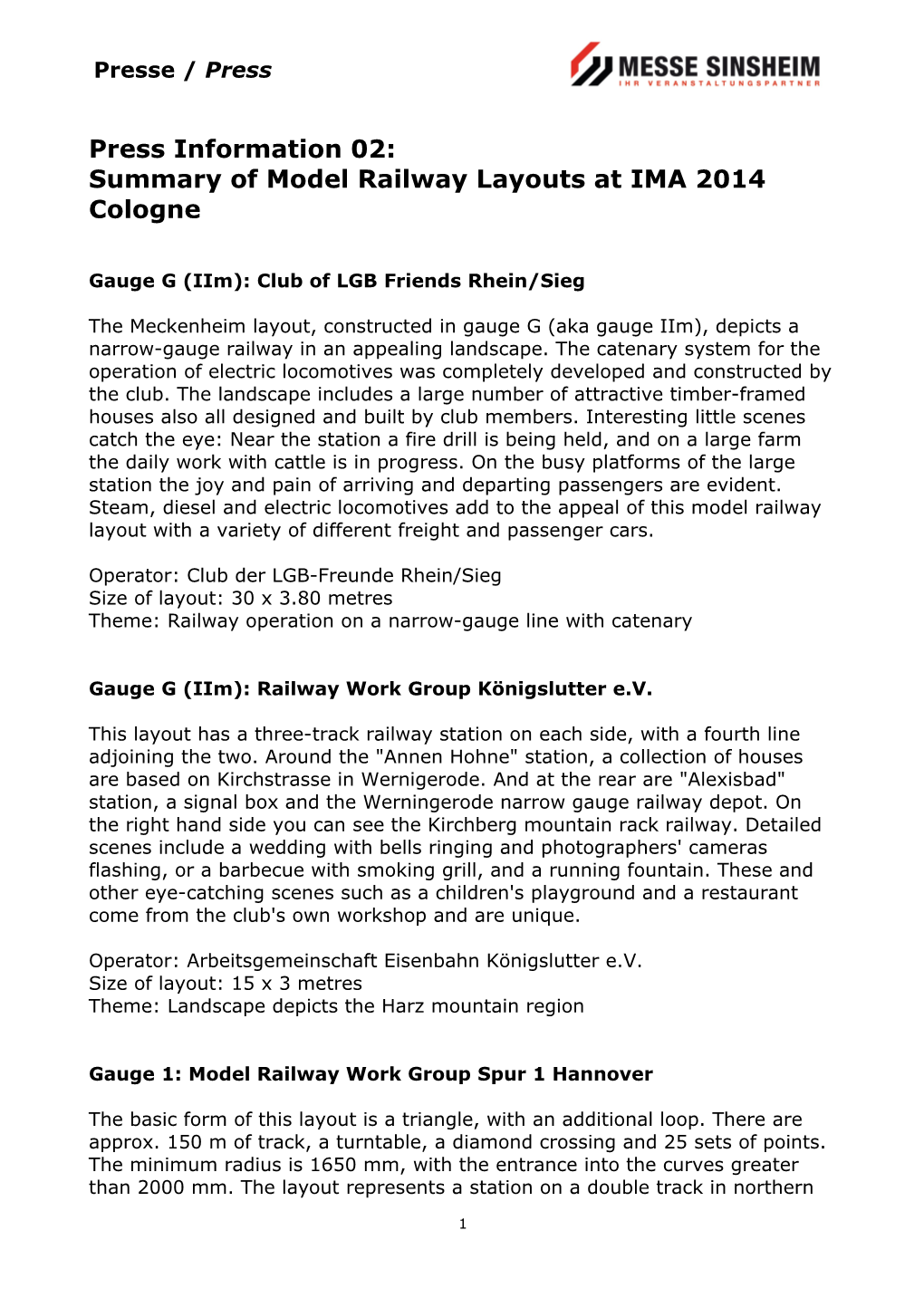 Summary of Model Railway Layouts at IMA 2014 Cologne