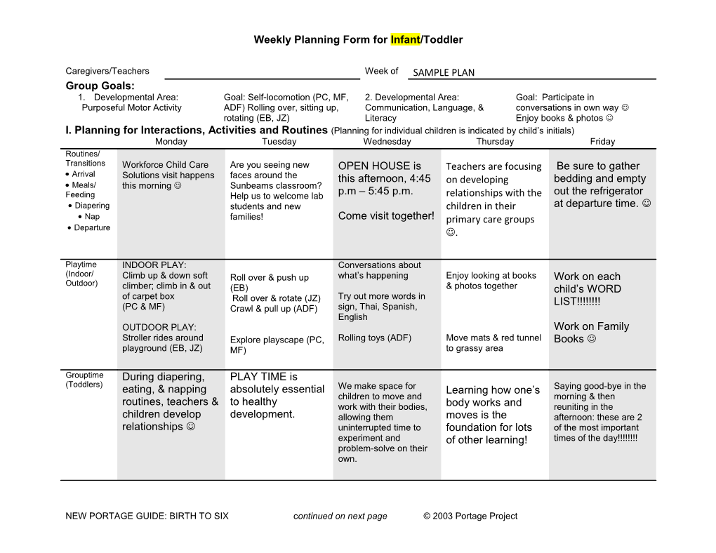 Weekly Planning Form for Infant/Toddler