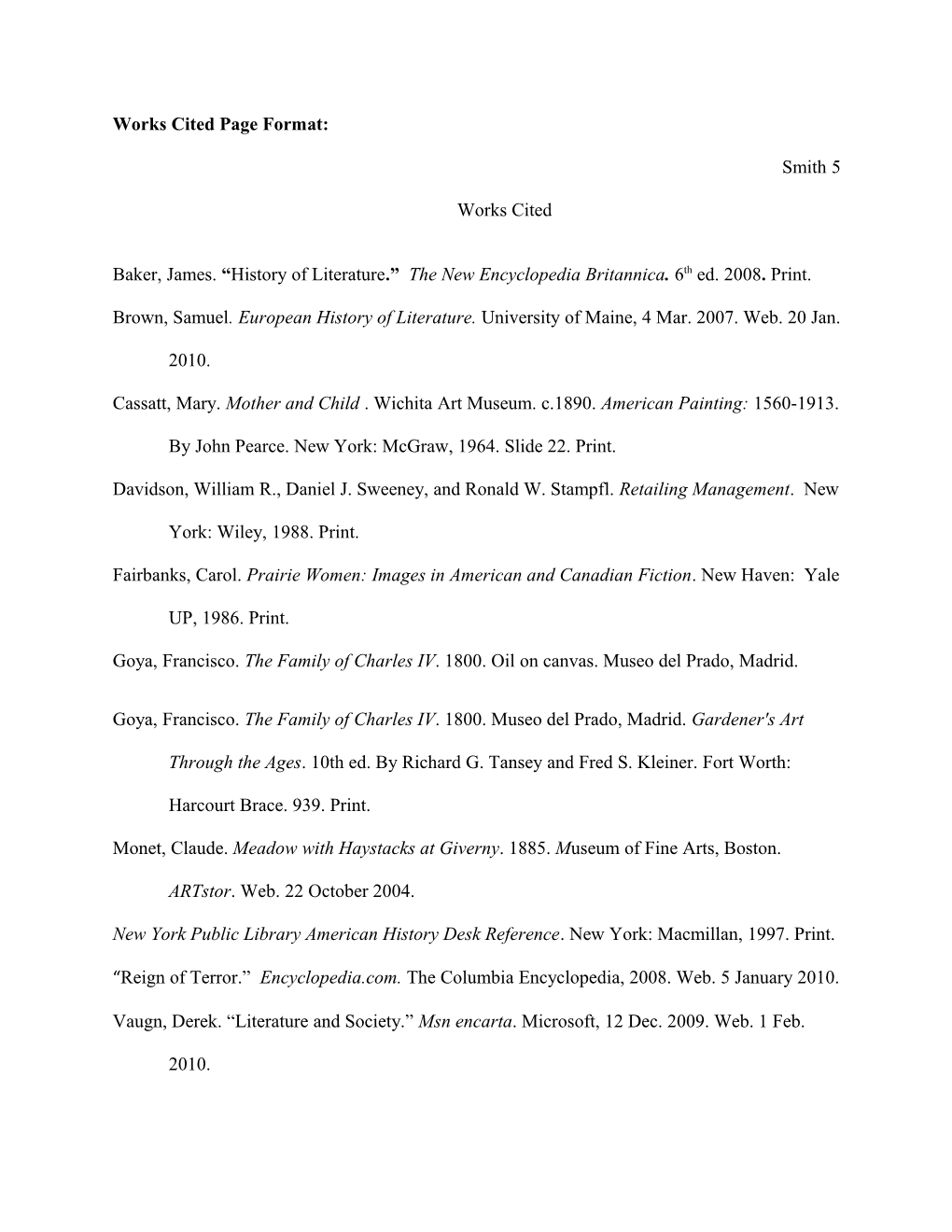 Works Cited Page Format