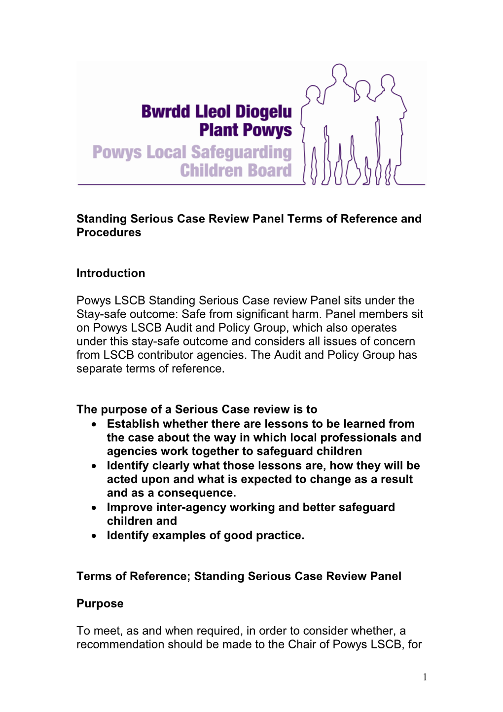 Standing Serious Case Review Panel Terms of Reference and Procedures