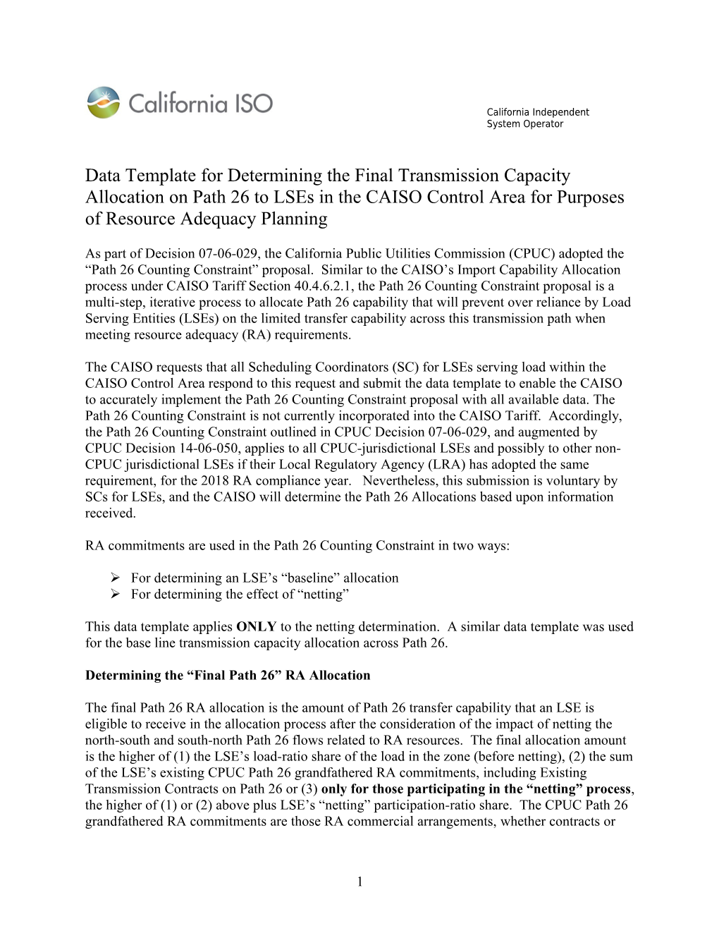 2018 Contract Data Request for Netting Transmission Capacity on Path 26