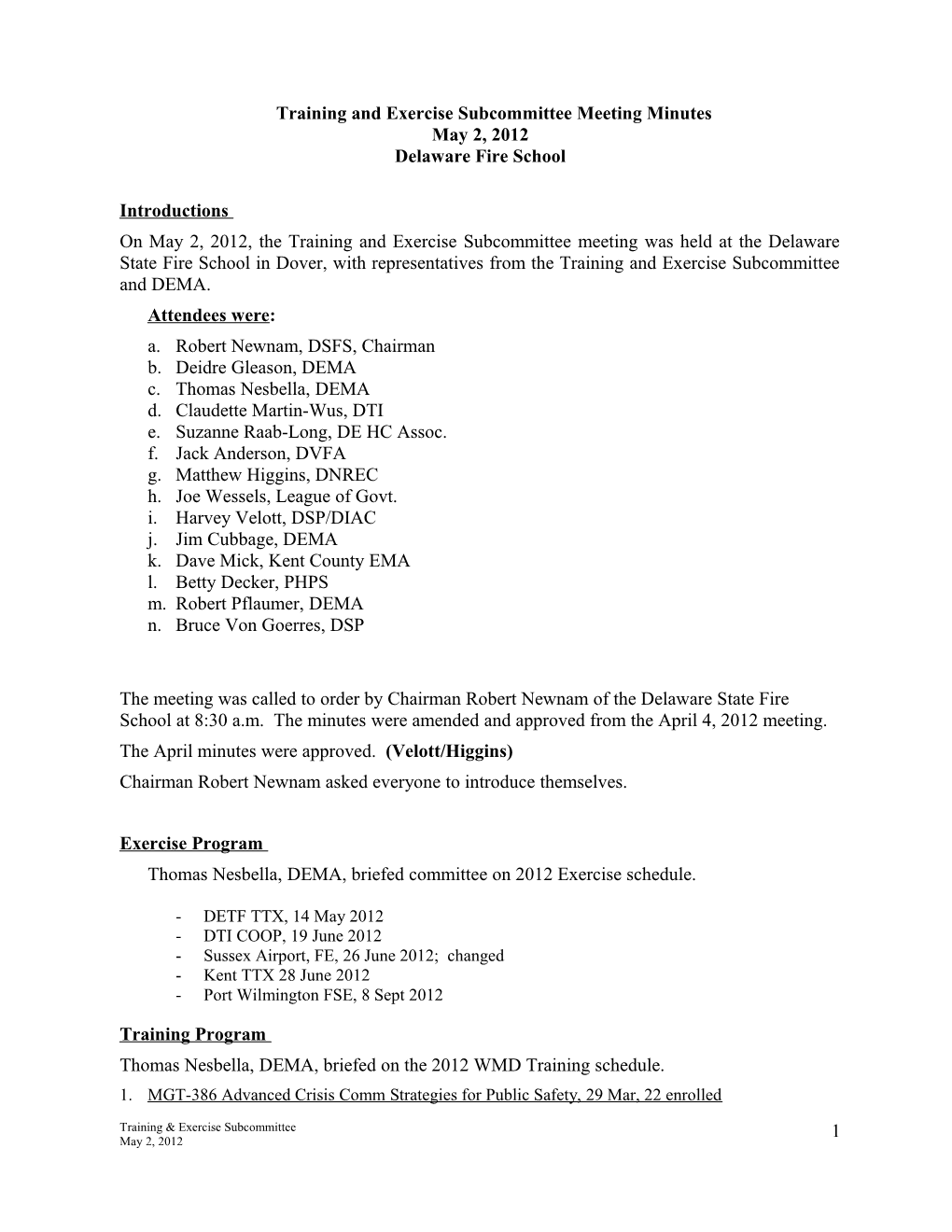 Tentative Agenda for Training and Exercise Subcommittee Meeting