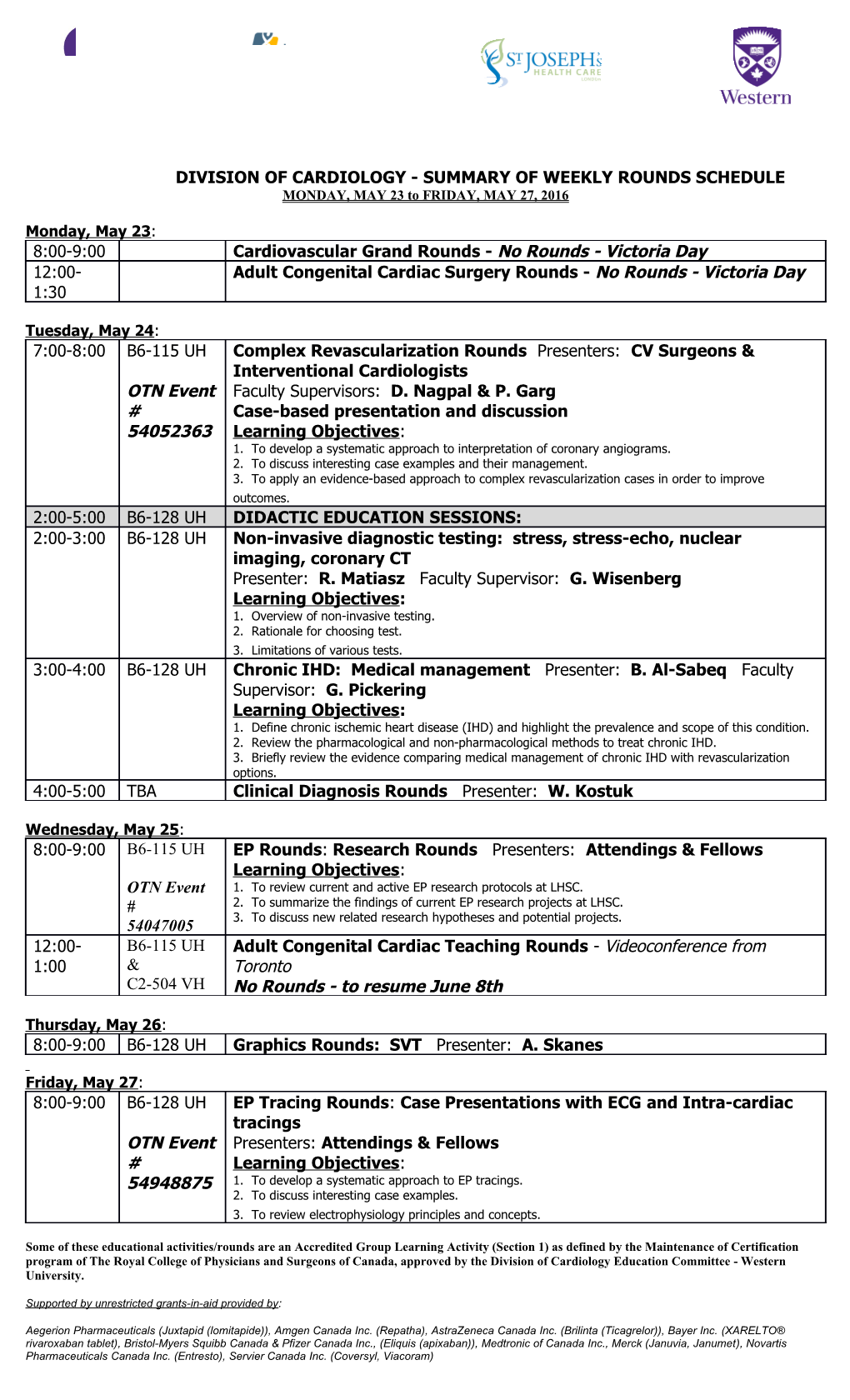 DIVISION of CARDIOLOGY - Summary of WEEKLY ROUNDS SCHEDULE s1