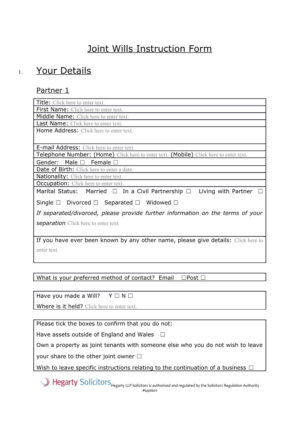 Joint Wills Instruction Form