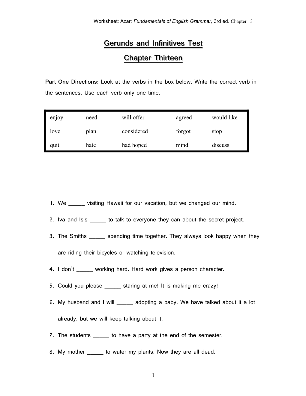 Gerunds and Infinitives Test