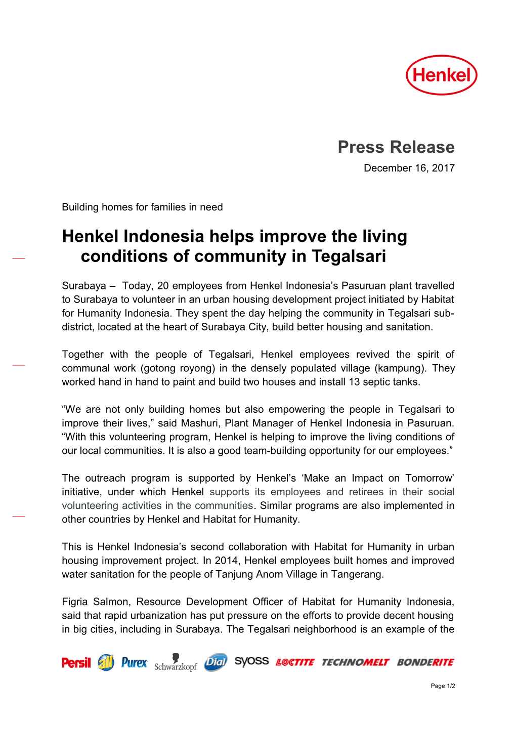 Henkel Indonesia Helps Improve the Living Conditions of Community in Tegalsari