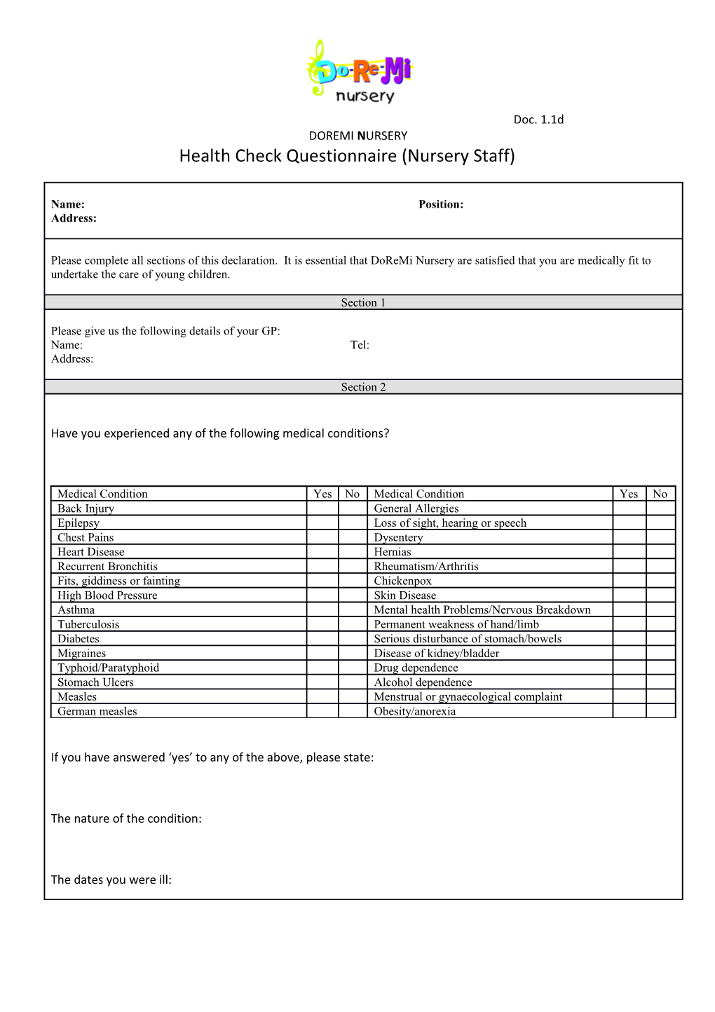 Health Check Questionnaire (Nursery Staff)