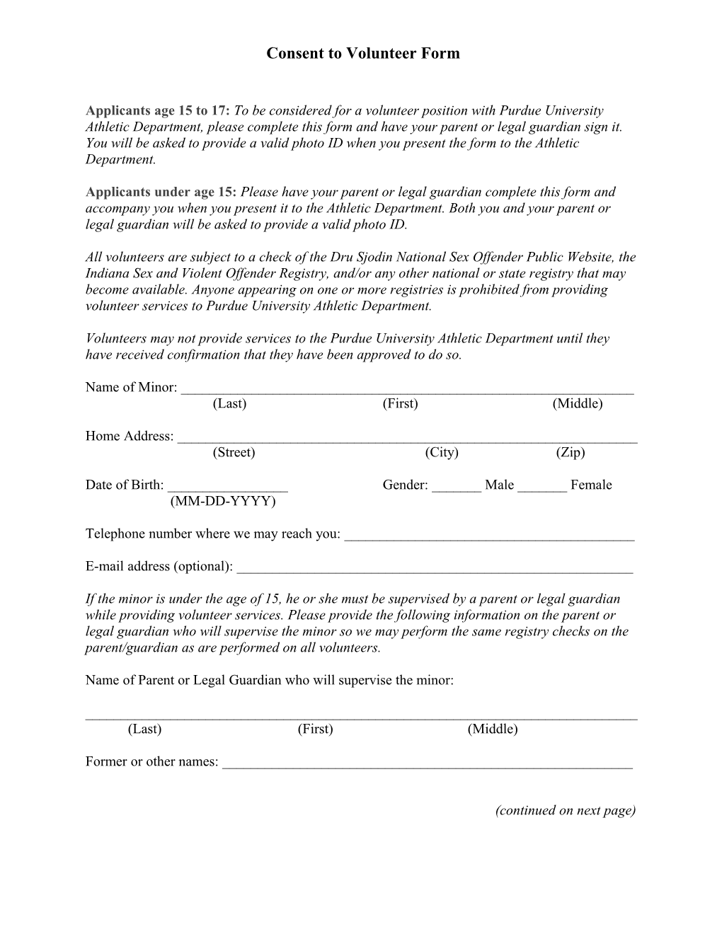 Consent to Volunteer Form