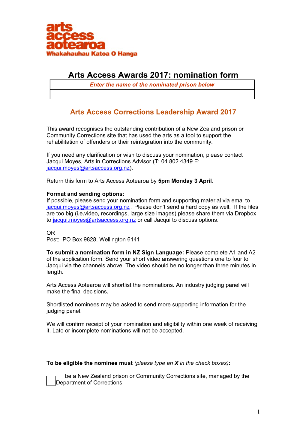 Arts Access Awards 2017: Nomination Form