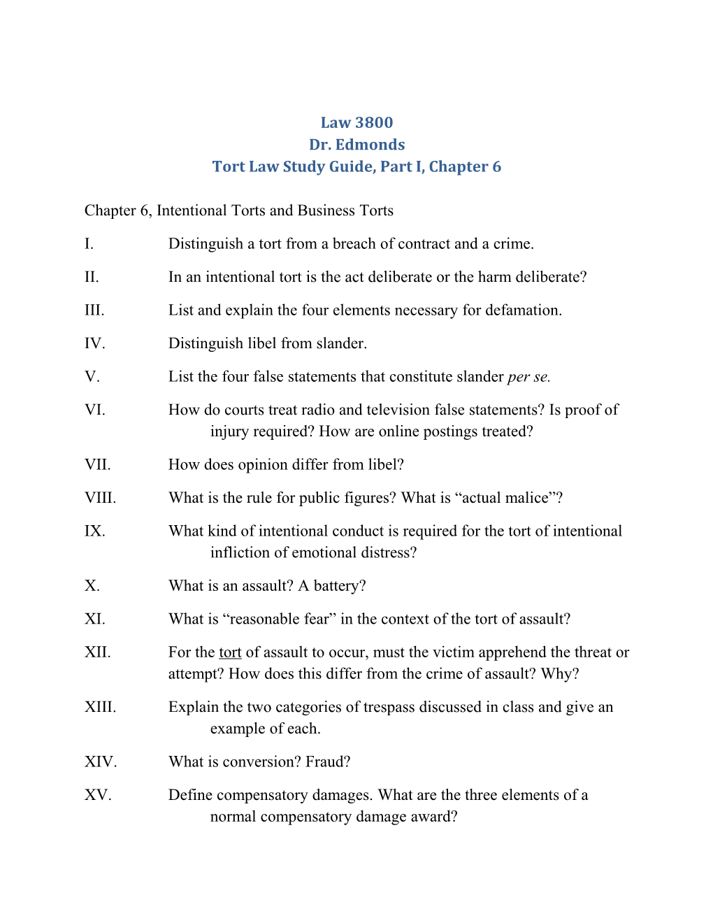 Tort Law Study Guide, Part I, Chapter 6