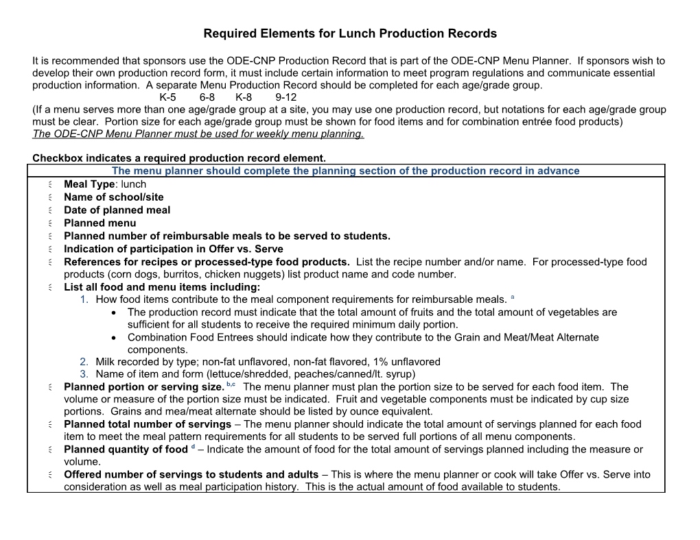 Required Elements for Lunch Production Records