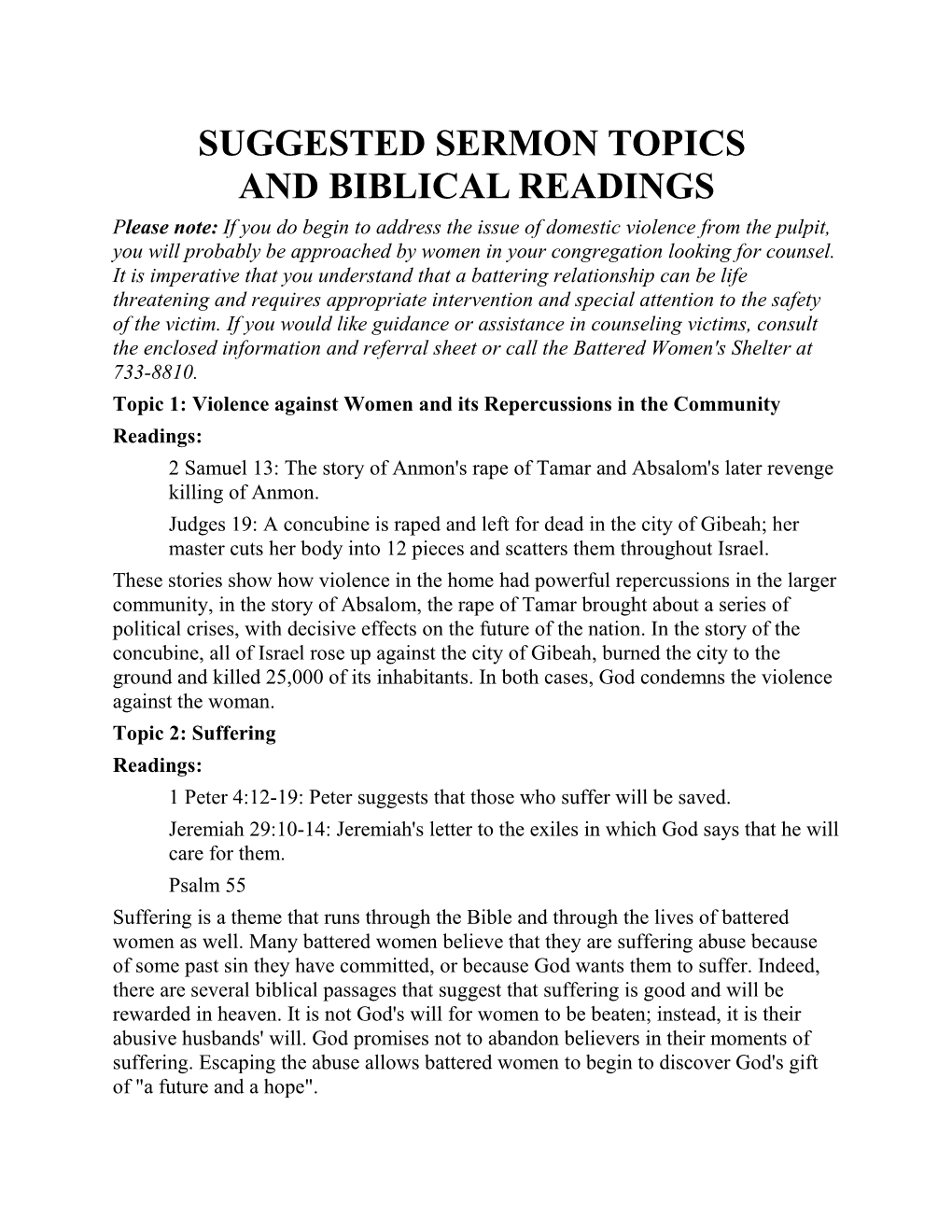Suggested Sermon Topics and Biblical Readings