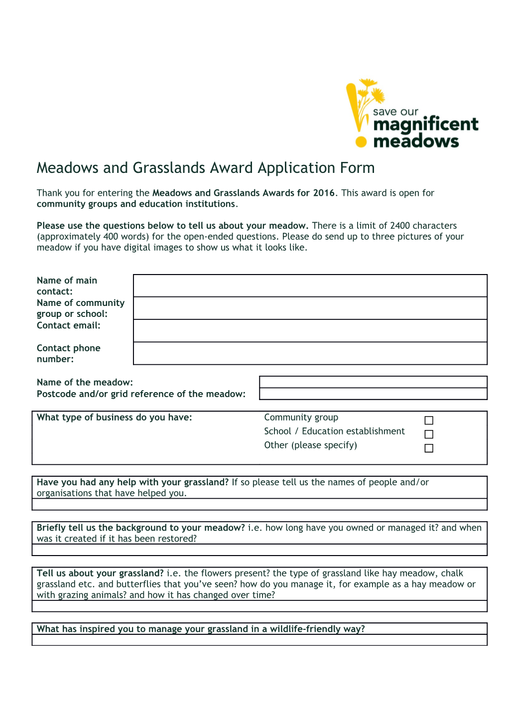 Meadows and Grasslands Award Application Form