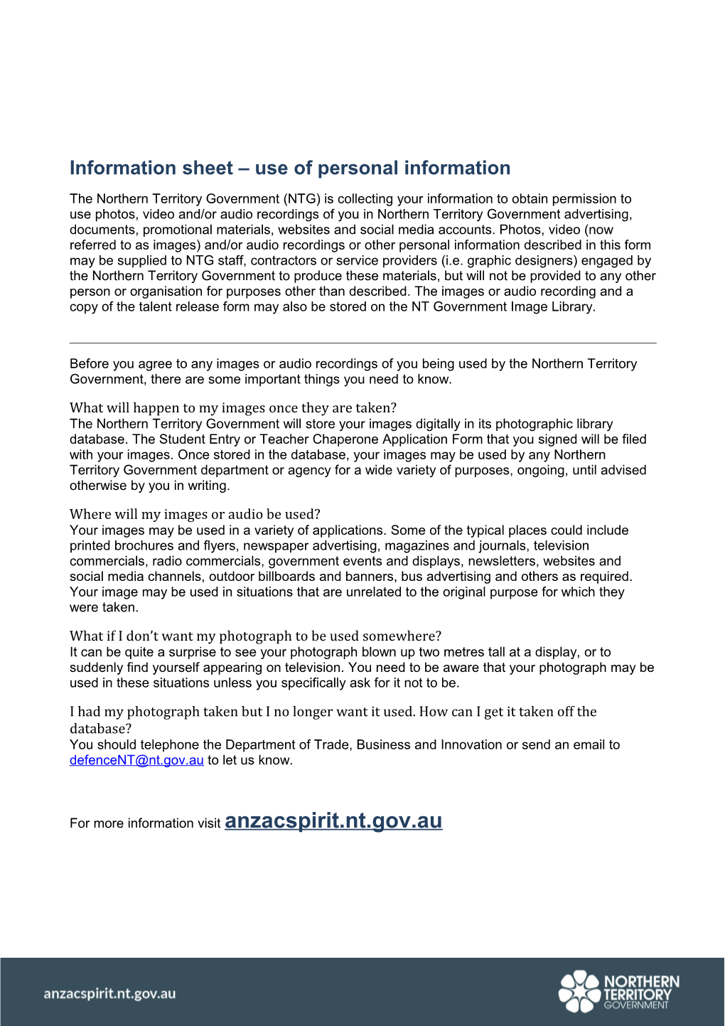 Anzac Spirit Study Tour Information Sheet - Use of Personal Information