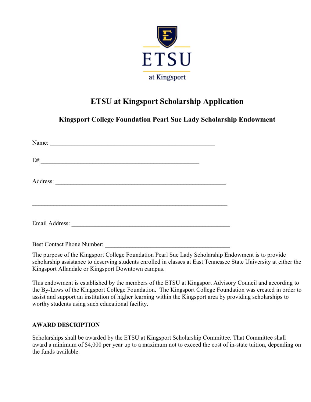 ETSU at Kingsport Scholarship Application