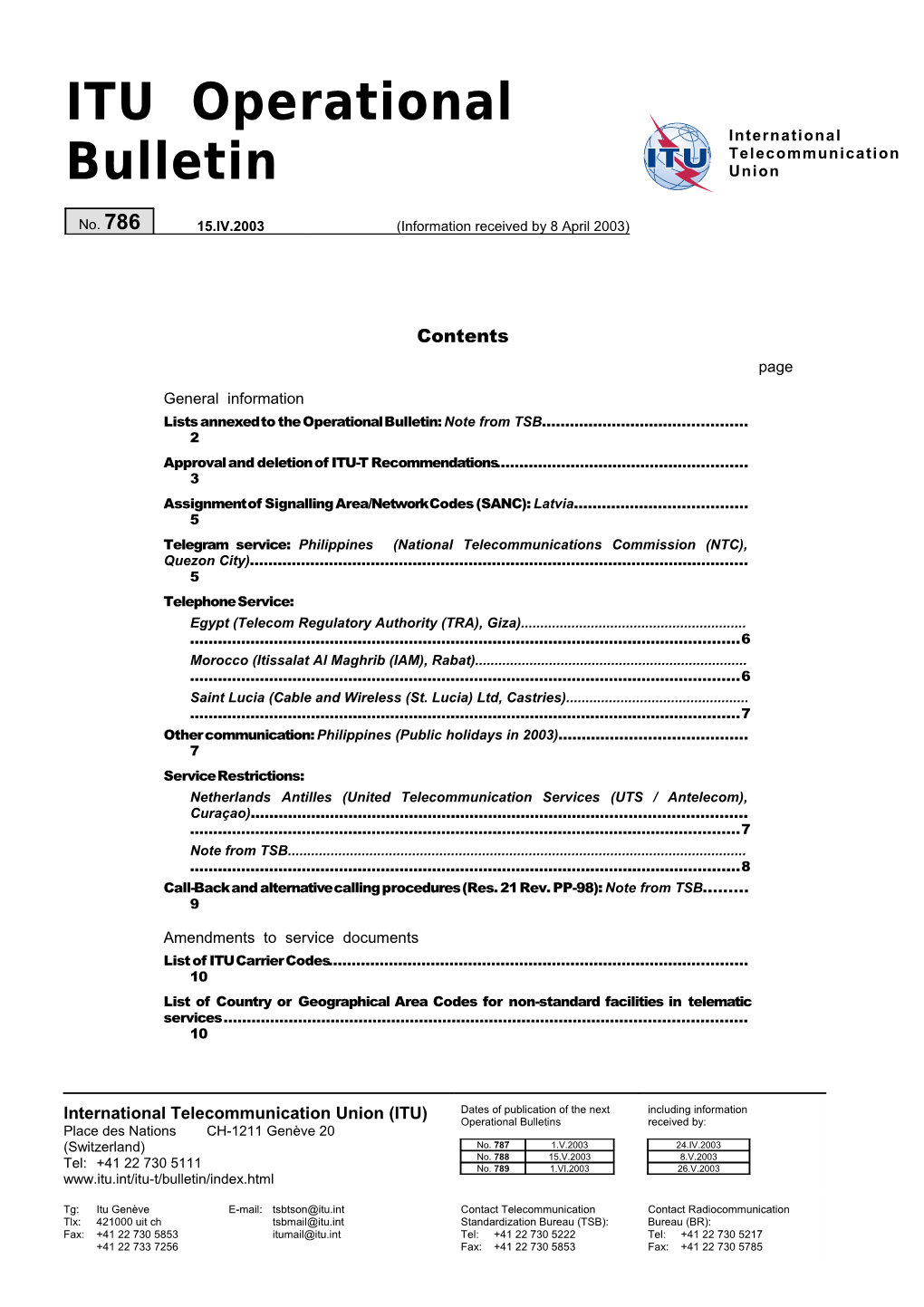 ITU Operational Bulletin No. 786 - 15.IV.2003