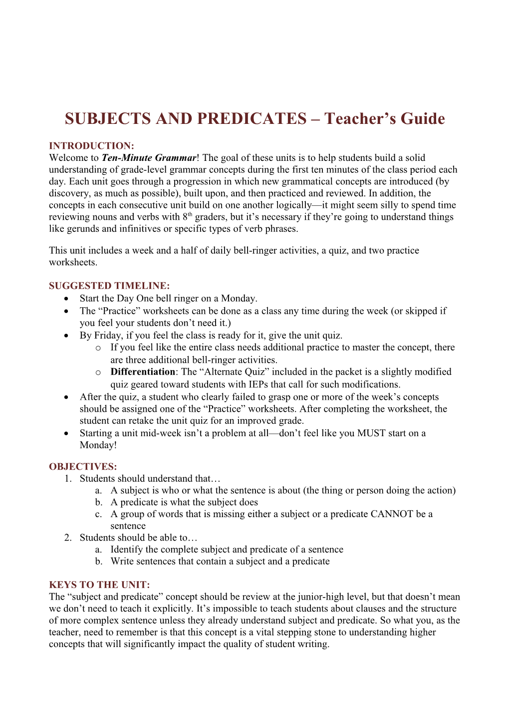 SUBJECTS and PREDICATES Teacher S Guide