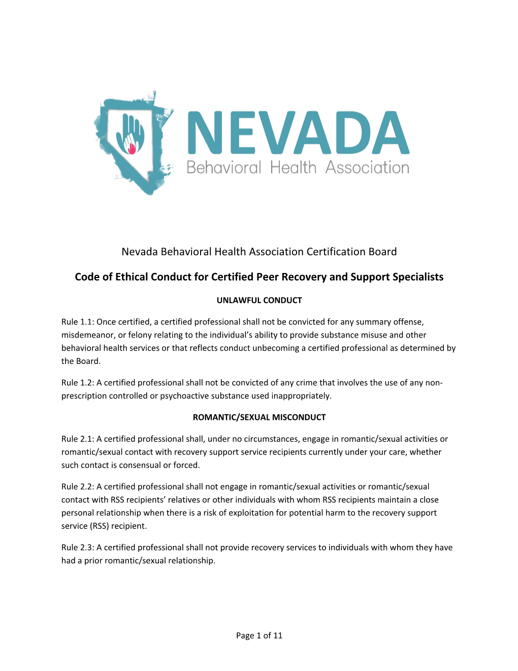Code of Ethical Conduct for Certified Peer Recovery and Support Specialists