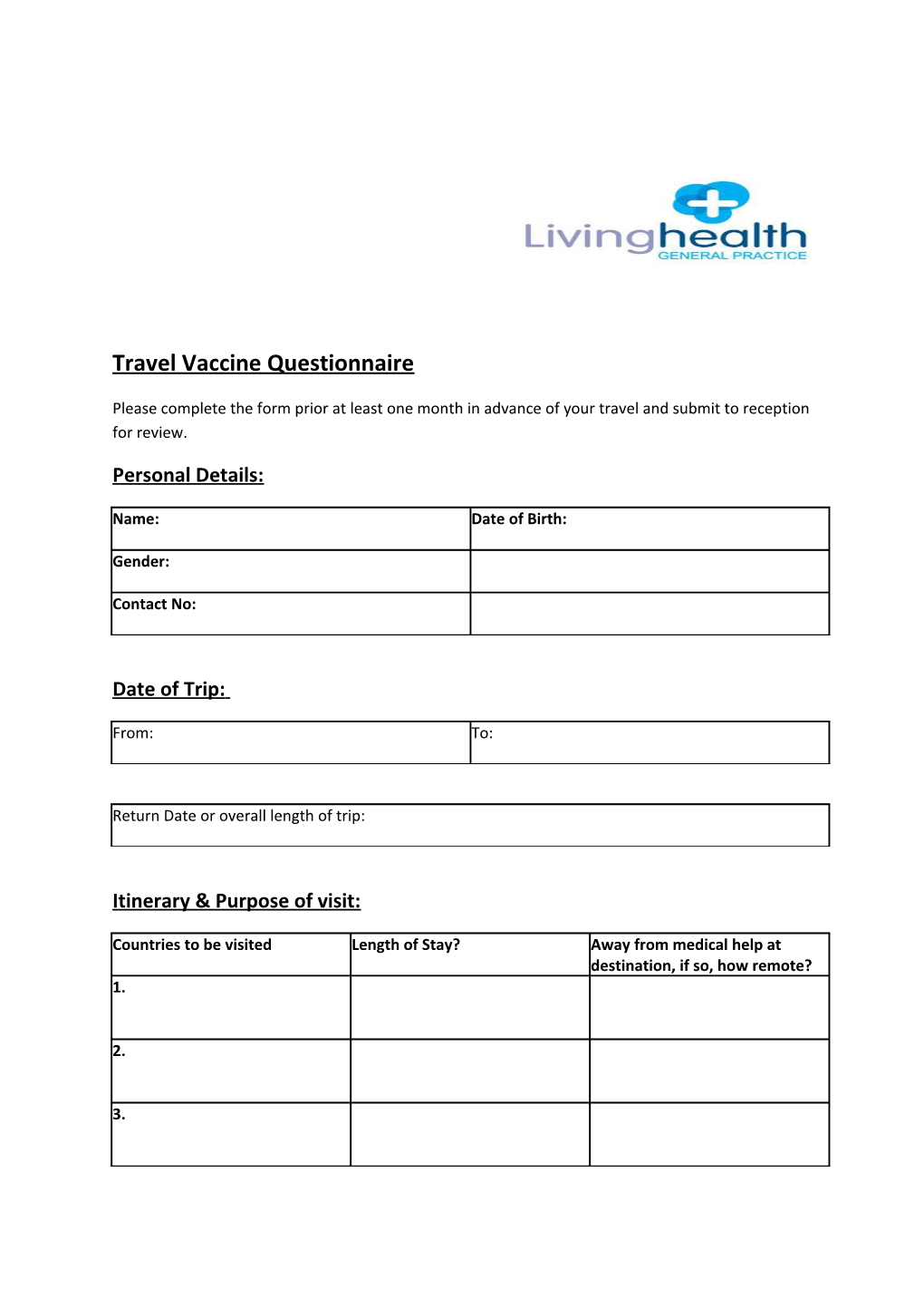 Travel Vaccine Questionnaire