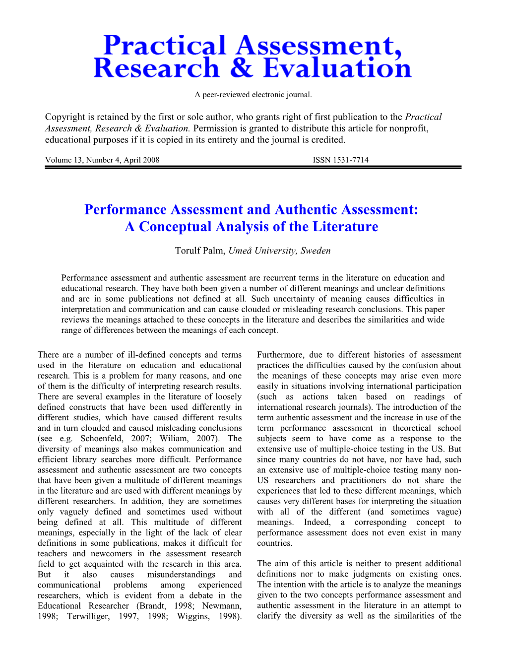 Performance Assessment and Authentic Assessment: a Conceptual Analysis of the Literature