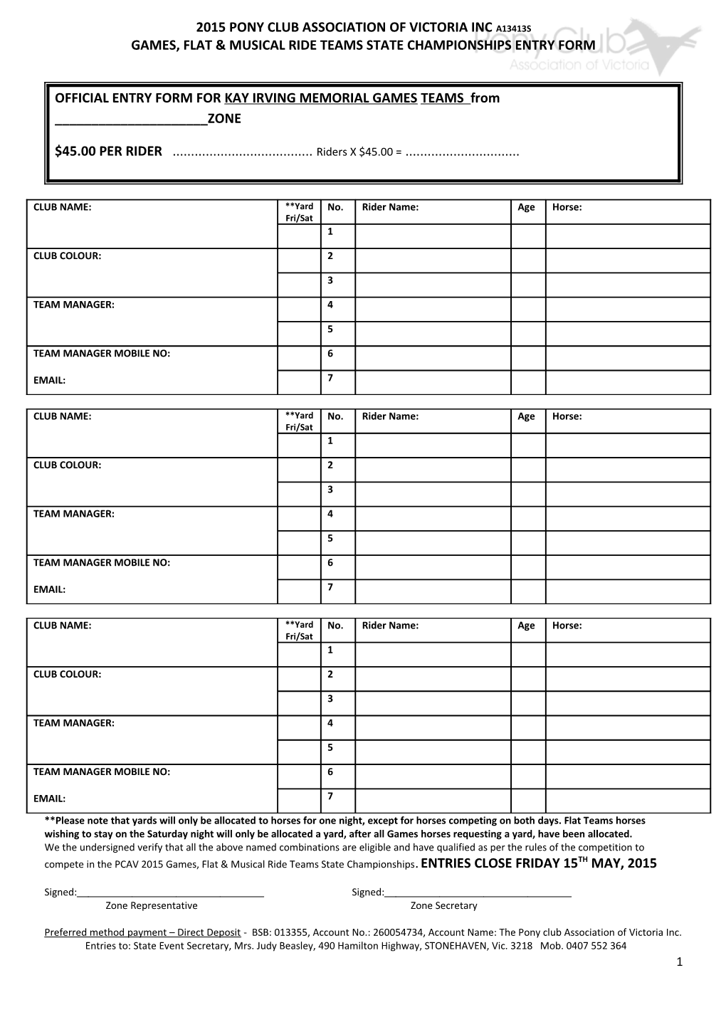 Games, Flat & Musical Ride Teams State Championships Entry Form