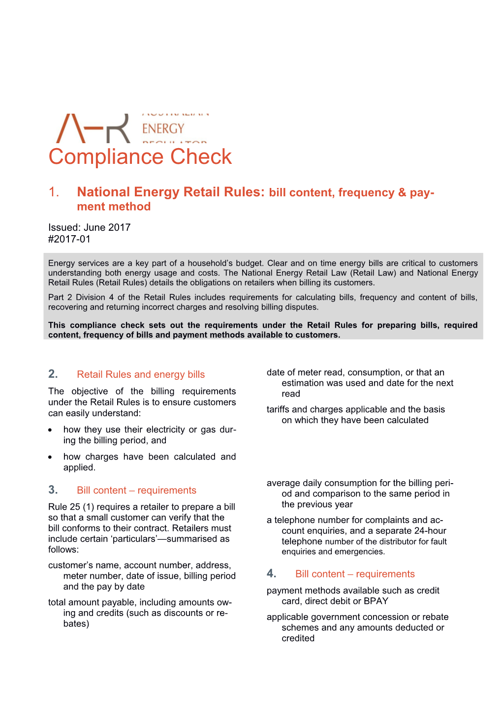 Compliance Check National Energy Retail Rules: Bill Content Frequency and Payment Method