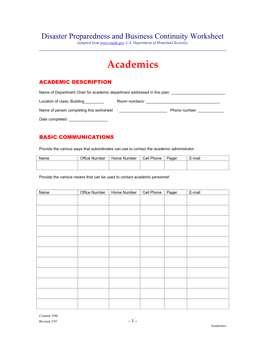 Disaster Preparedness and Business Continuity Worksheet