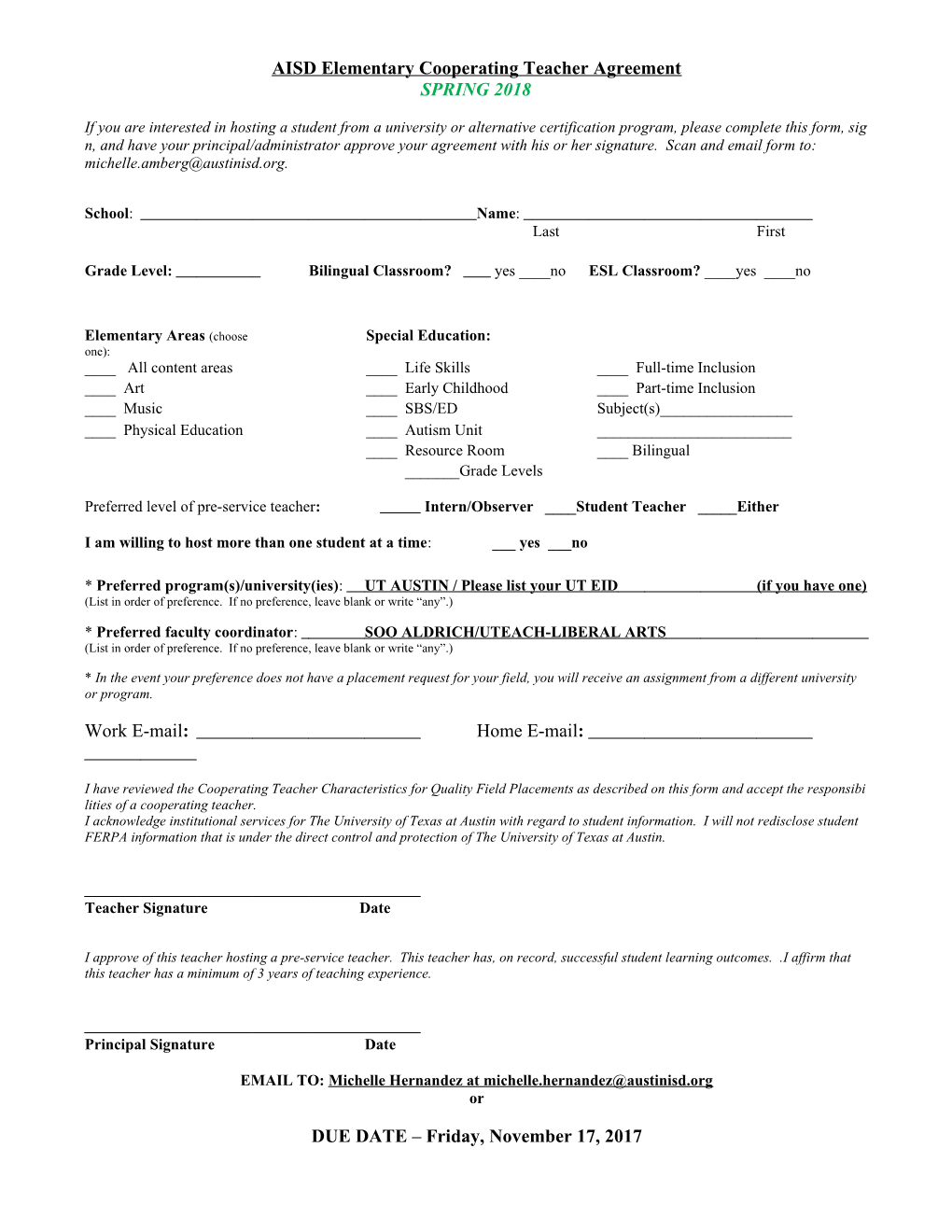 Austin Elementary Cooperating Teacher Application/Agreement