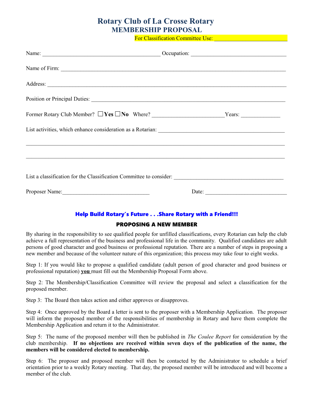 MEMBERSHIP PROPOSAL for Classification Committee Use