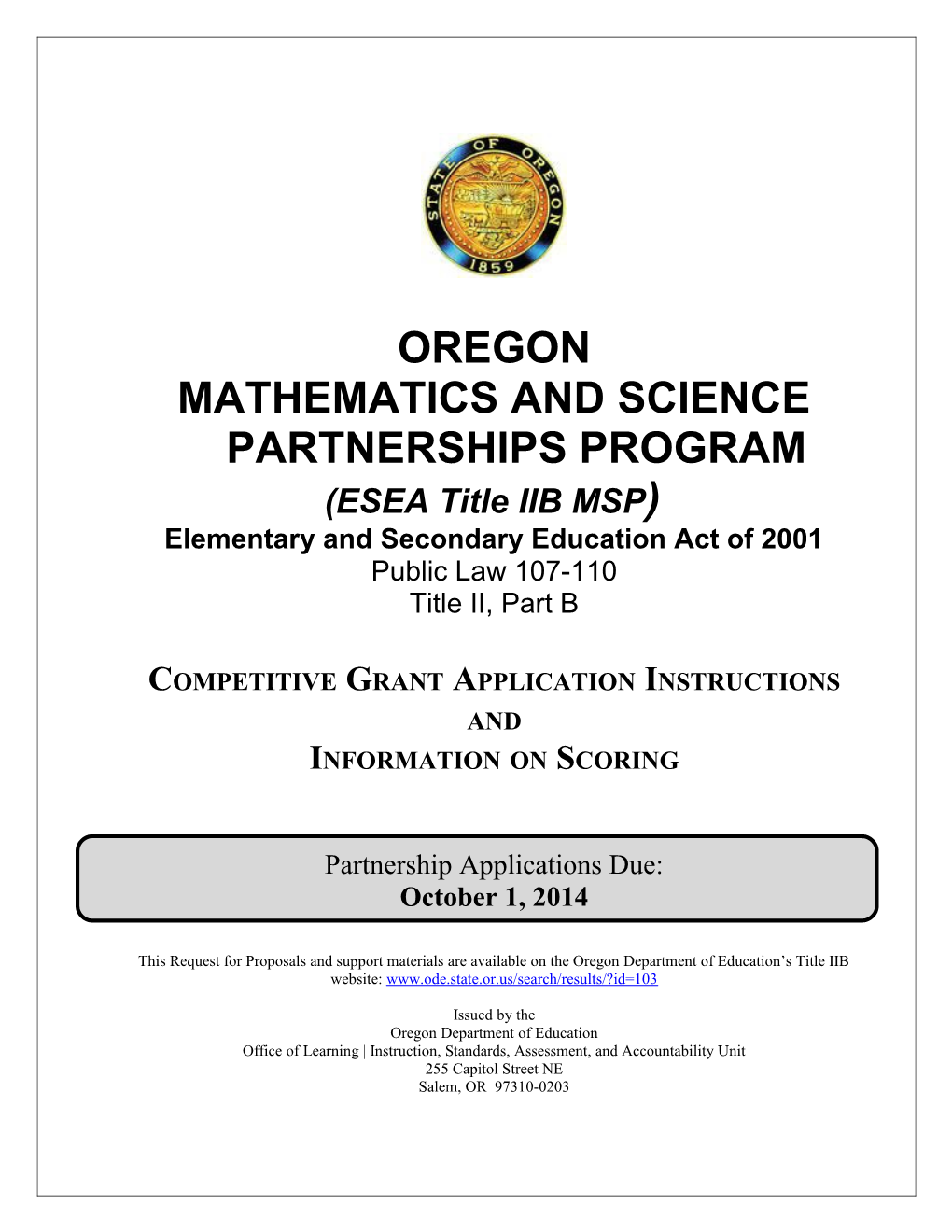Oregon Mathematics and Science Partnerships Program (ESEA Title IIB MSP)