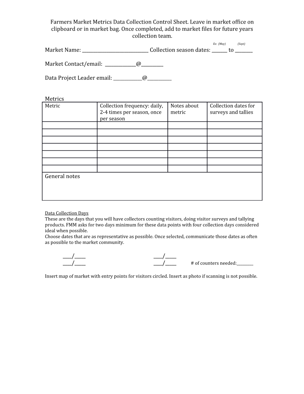 Farmers Market Metrics Data Collection Control Sheet. Leave in Market Office on Clipboard