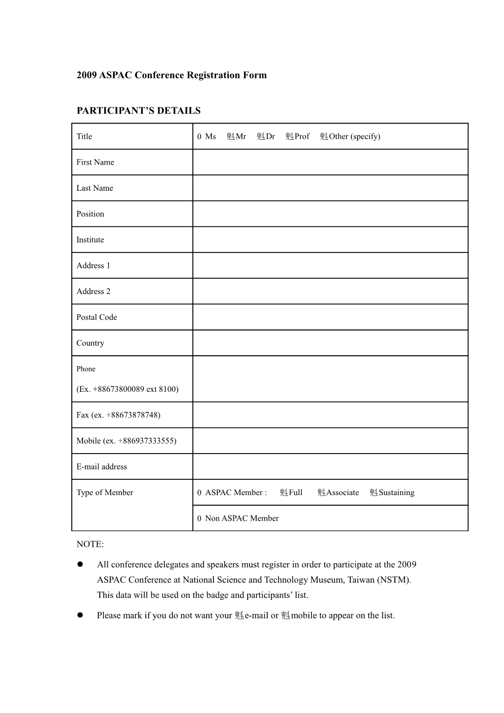2009 ASPAC Conference Registration Form
