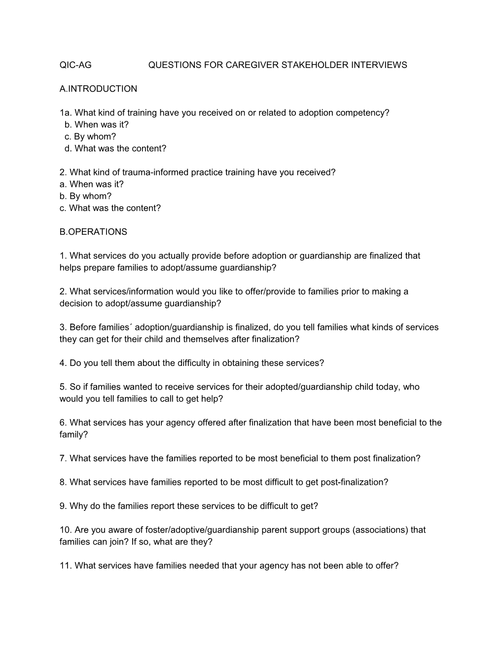 Qic-Ag Questions for Caregiver Stakeholder Interviews