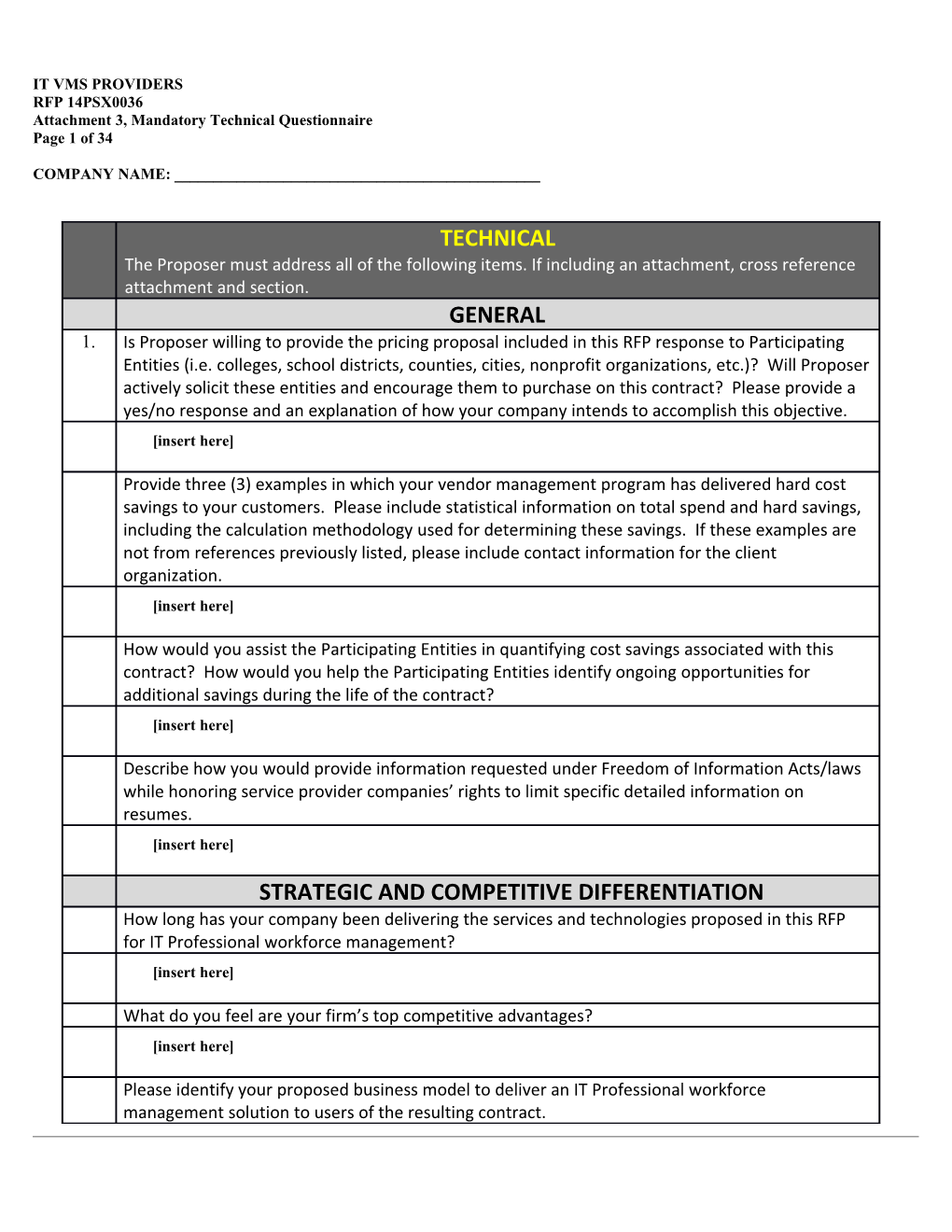 Attachment 3, Mandatory Technical Questionnaire