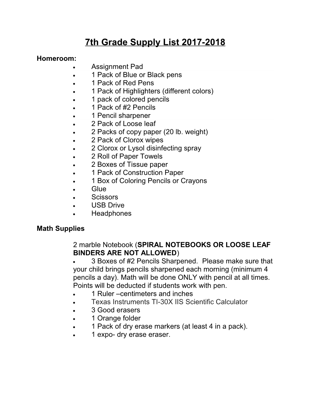 7Th Grade Supply List 2017-2018