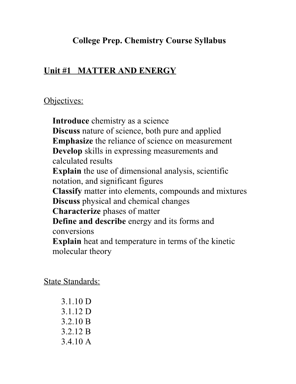 10TH , 11TH Grade Honors Chemistry Course Syllabus