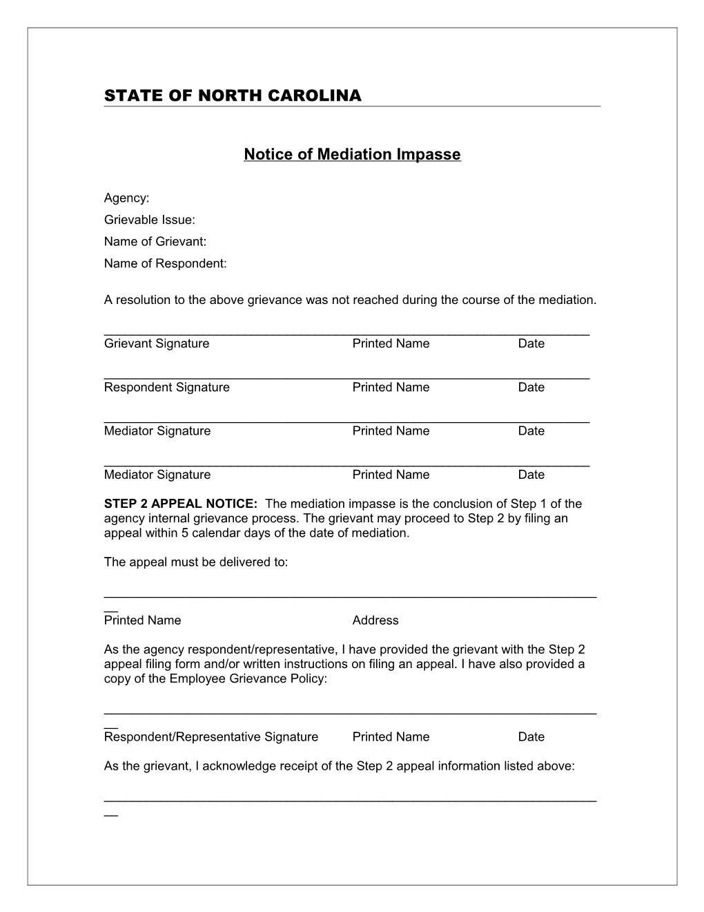 Notice of Mediation Impasse