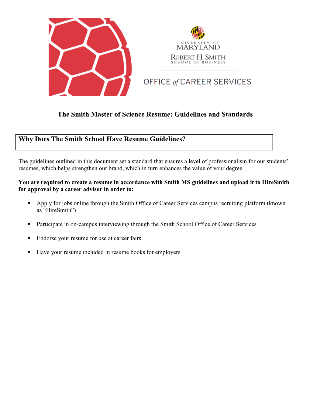The Smith Master of Science Resume: Guidelines and Standards