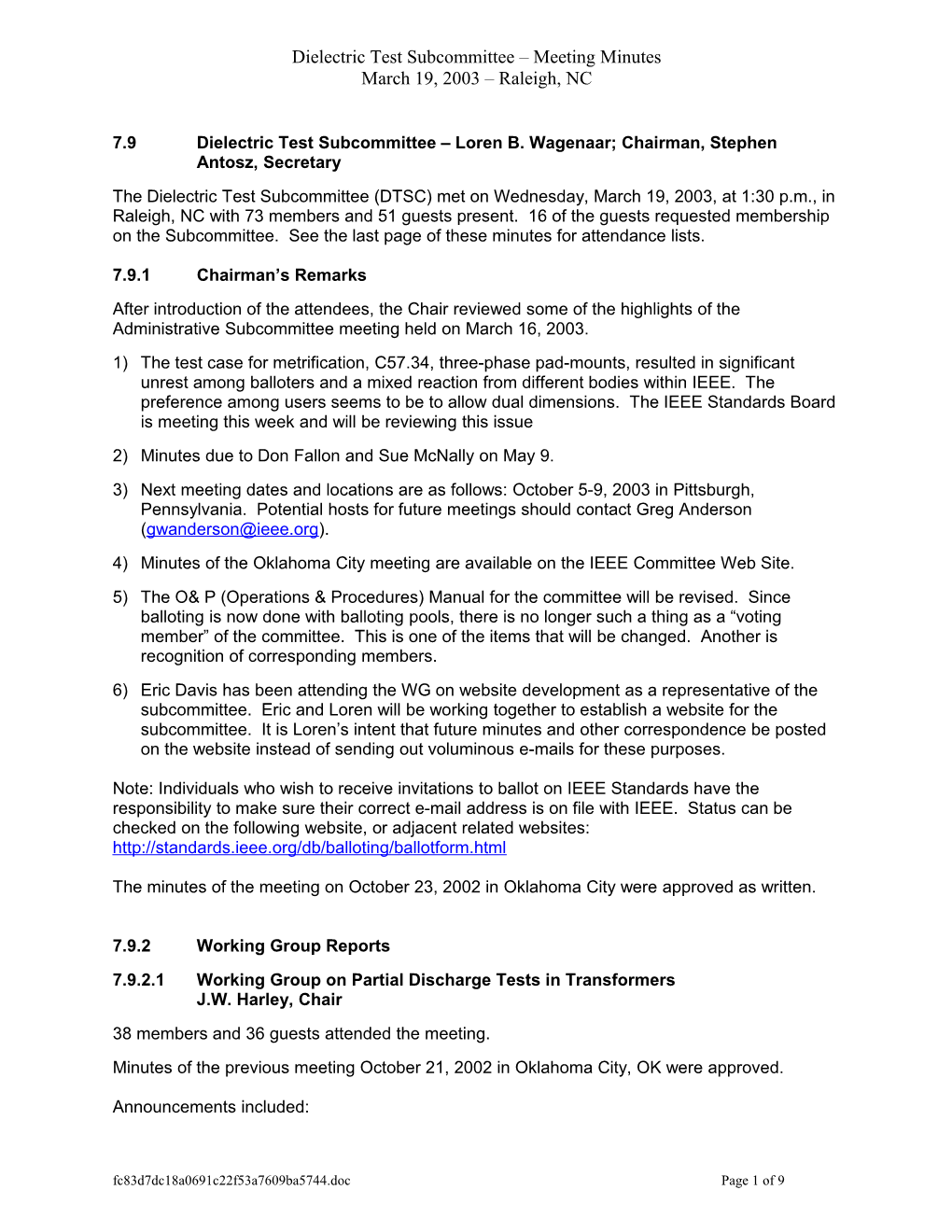 Dielectric Test Subcommittee Minutes