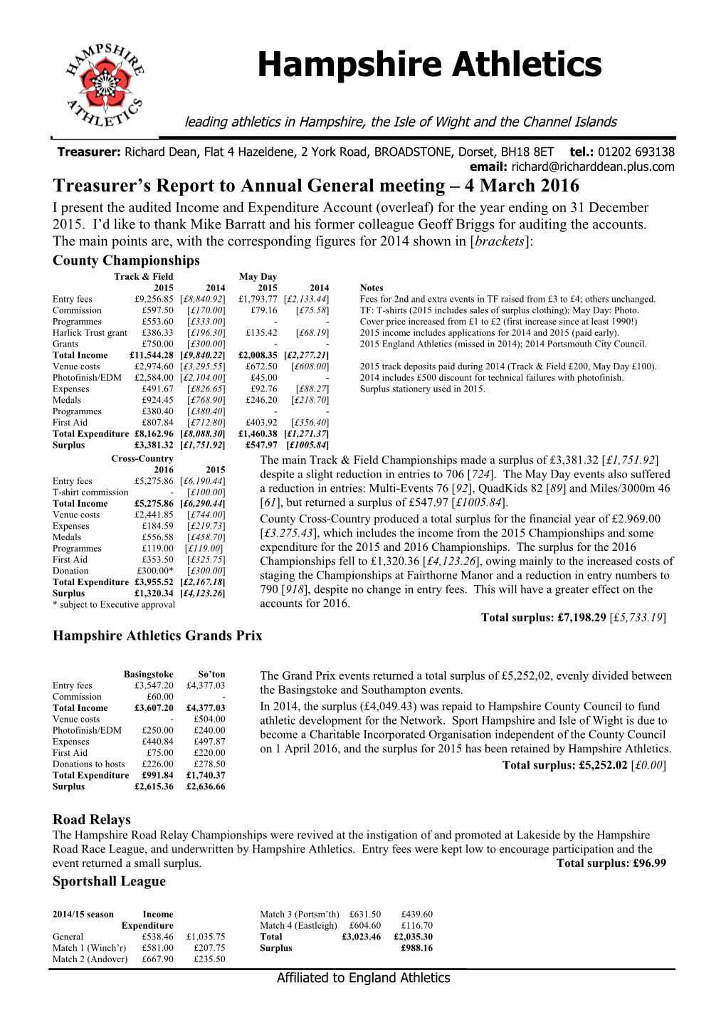 Treasurer S Report to Annual General Meeting 4 March 2016