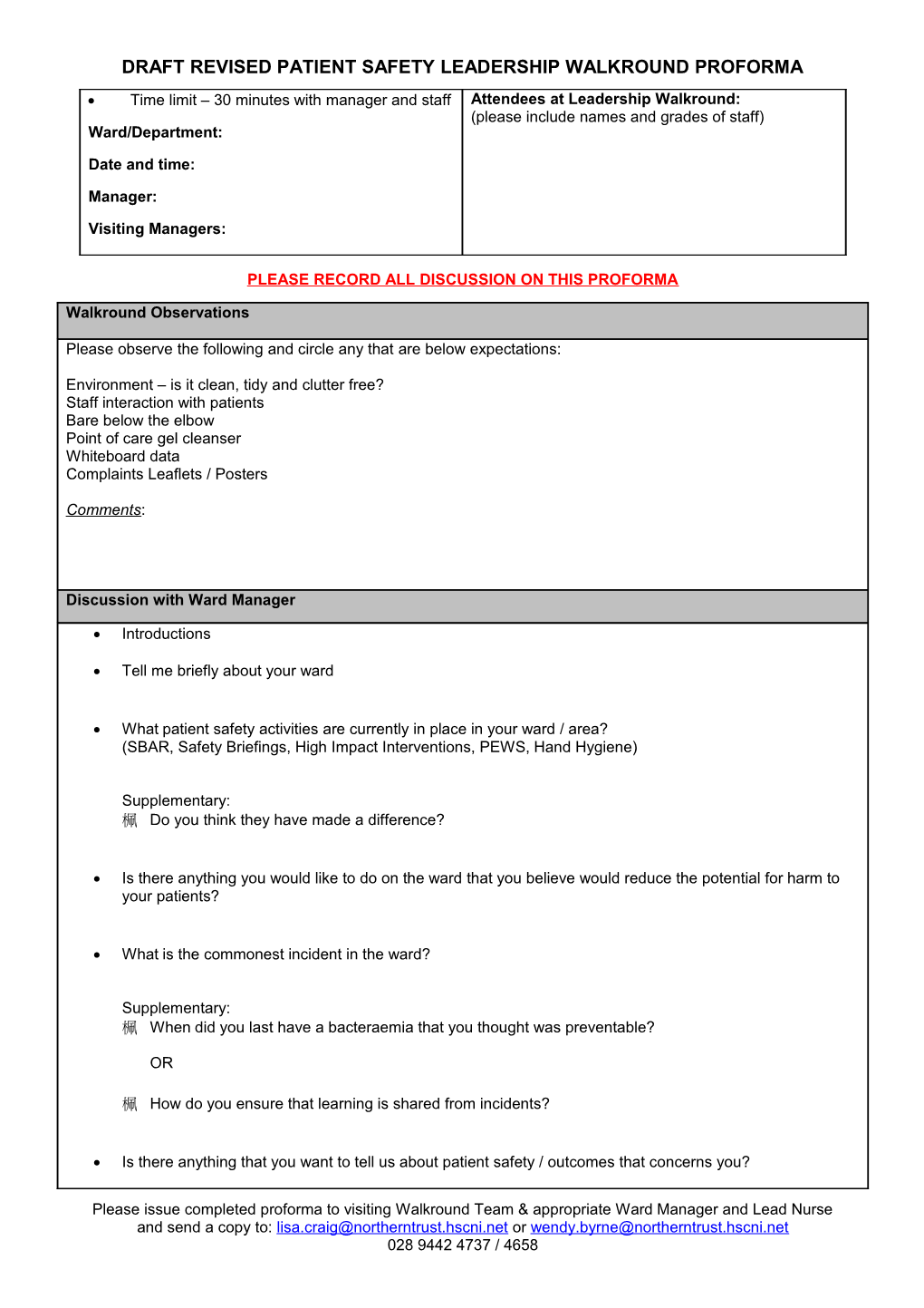 Draft Revised Patient Safety Leadership Walkround Proforma