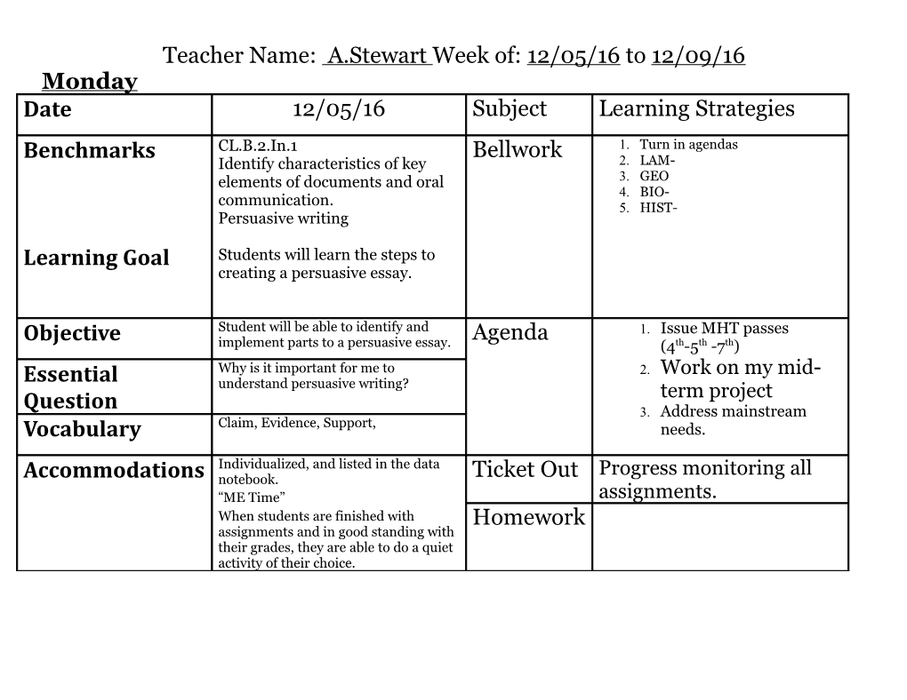 Teacher Name: A.Stewart Week Of: 12/05/16 to 12/09/16