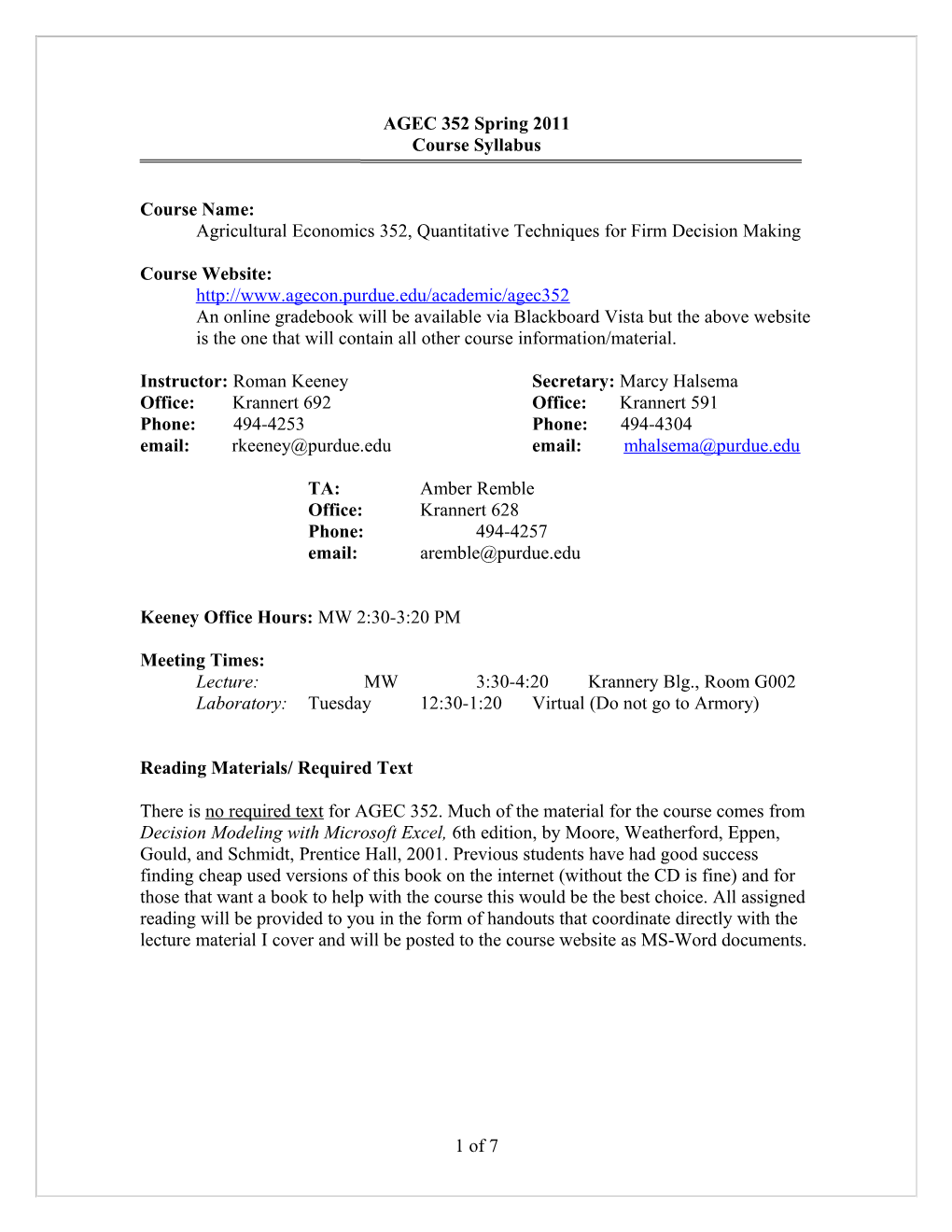 Agricultural Economics 352, Quantitative Techniques for Firm Decision Making