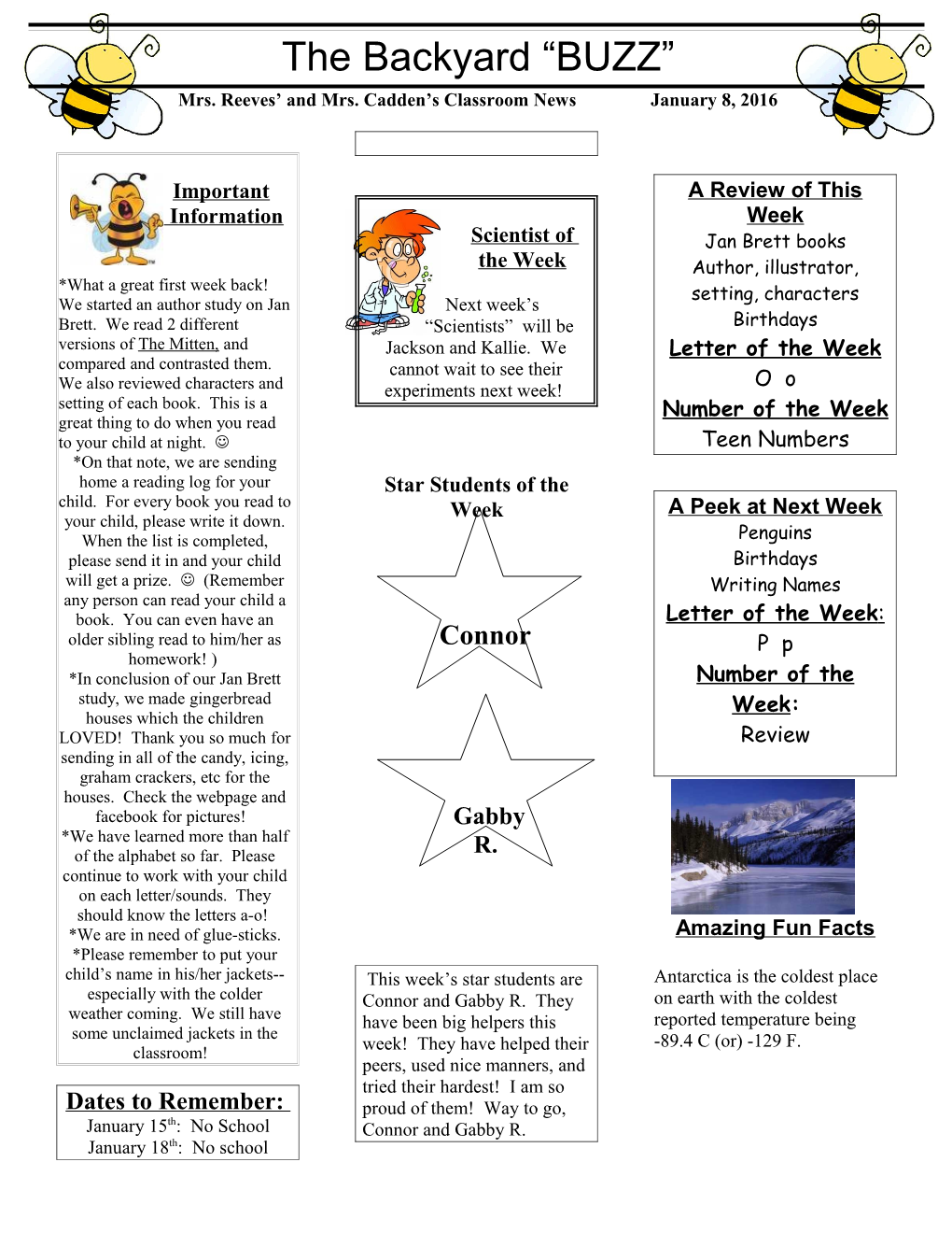 Mrs. Reeves and Mrs. Cadden S Classroom News January 8, 2016