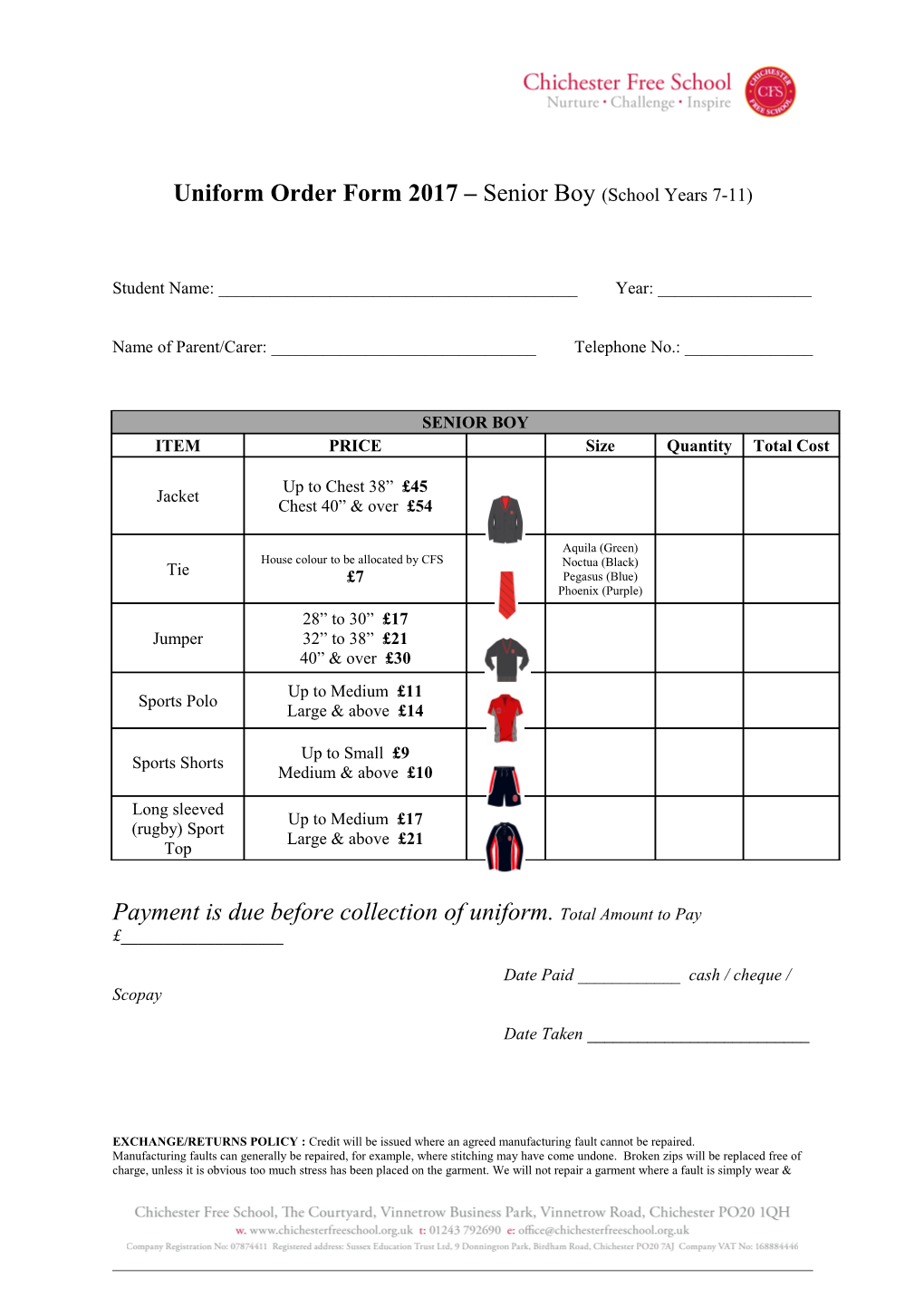 Uniform Order Form 2017 Senior Boy (School Years 7-11)