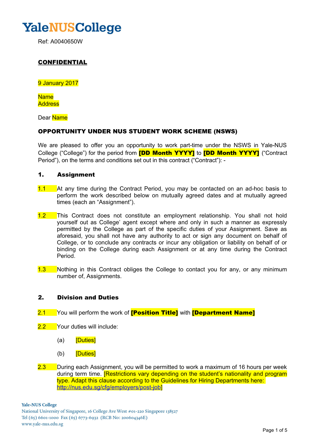 Part-Time Appointment Scheme Letter of Appointment