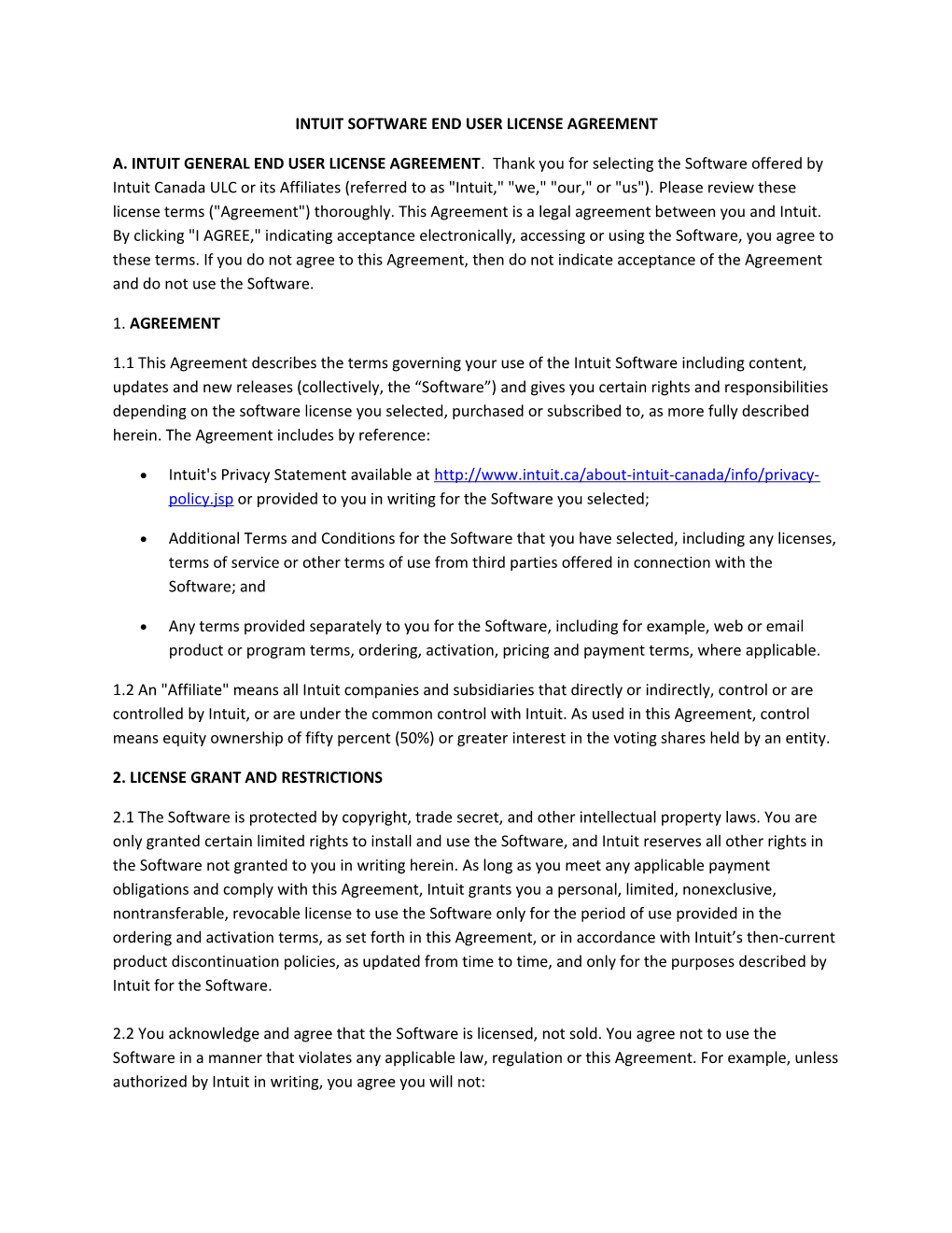 Intuit Software End User License Agreement