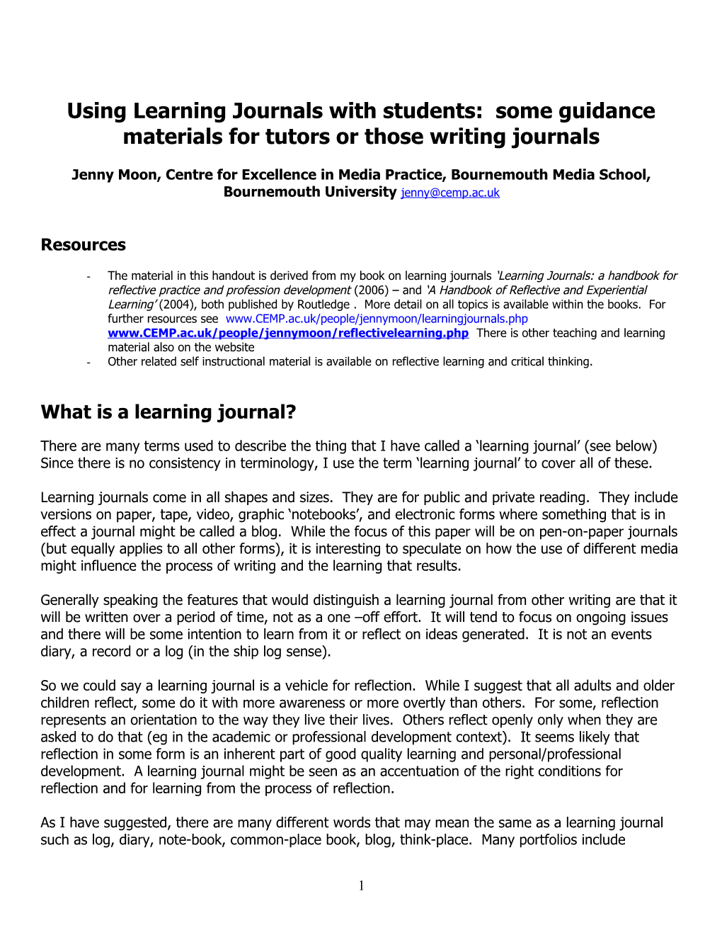 Full Handout: Learning Journals, Their Uses Across The Disciplines And A Review Of Assessment Issues (24