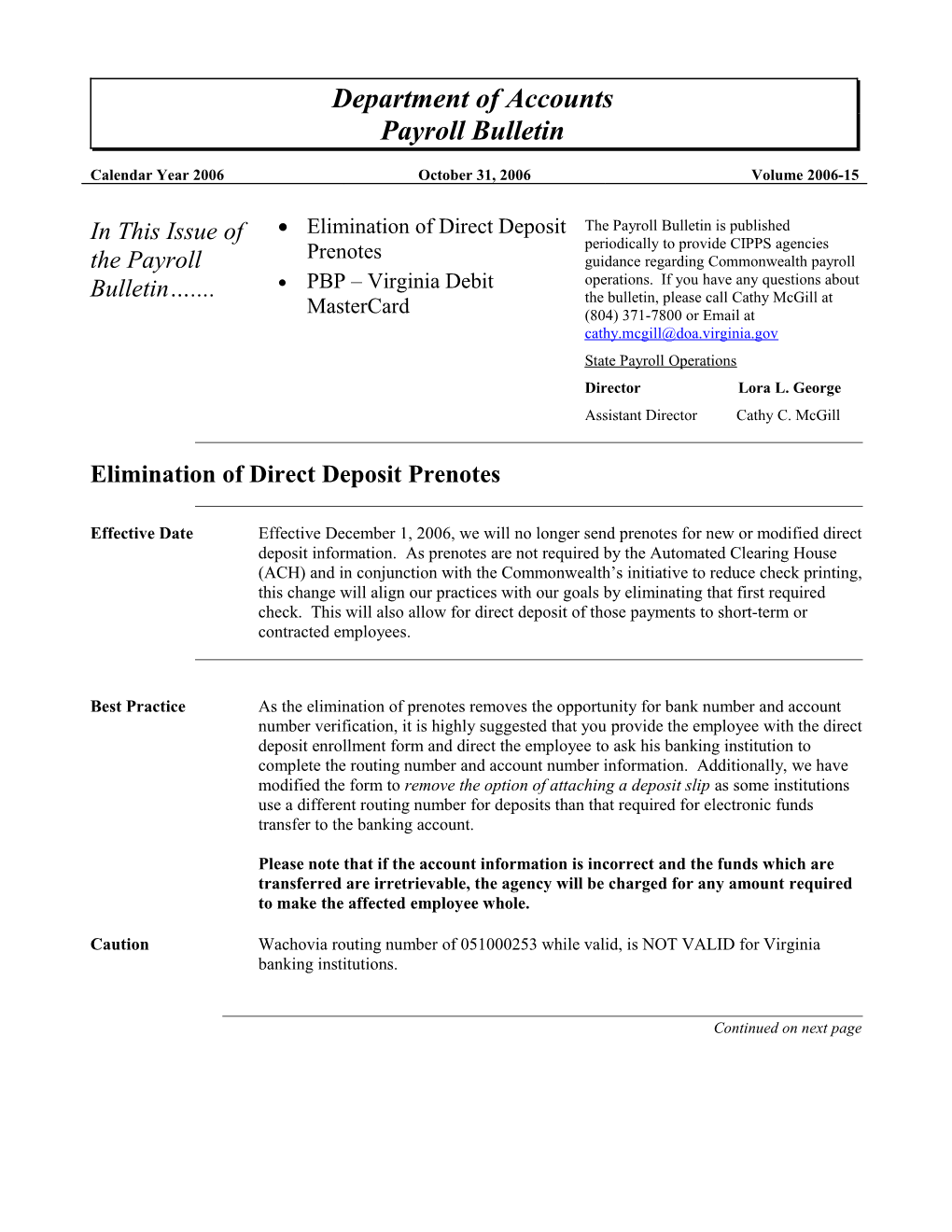 Payroll Bulletin, Volume 2006-15